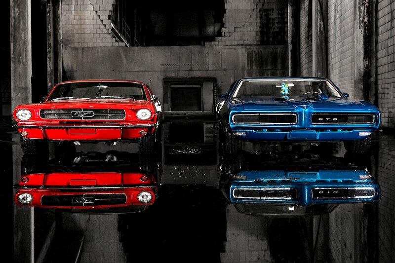 Classic Muscle Cars — Red, Dramatic, Photograph