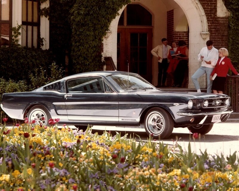 Classic Mustang in front of building