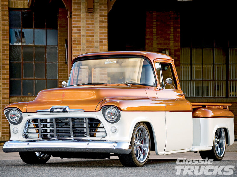 Classic orange and white pickup truck