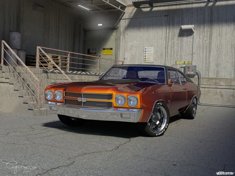 Classic orange muscle car in garage