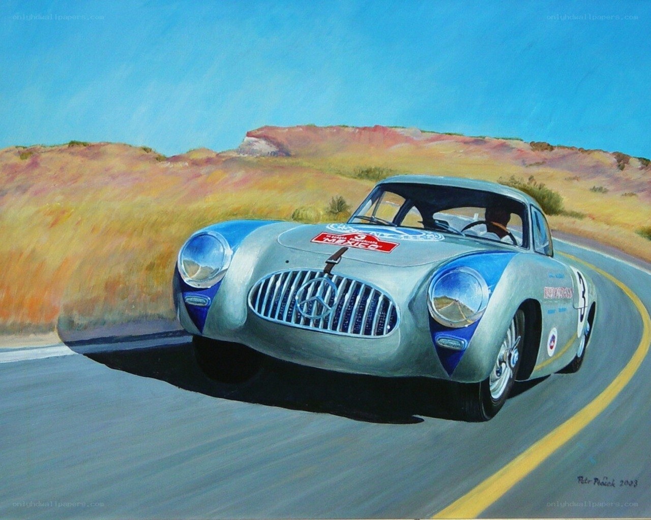 Classic race car on a desert road
