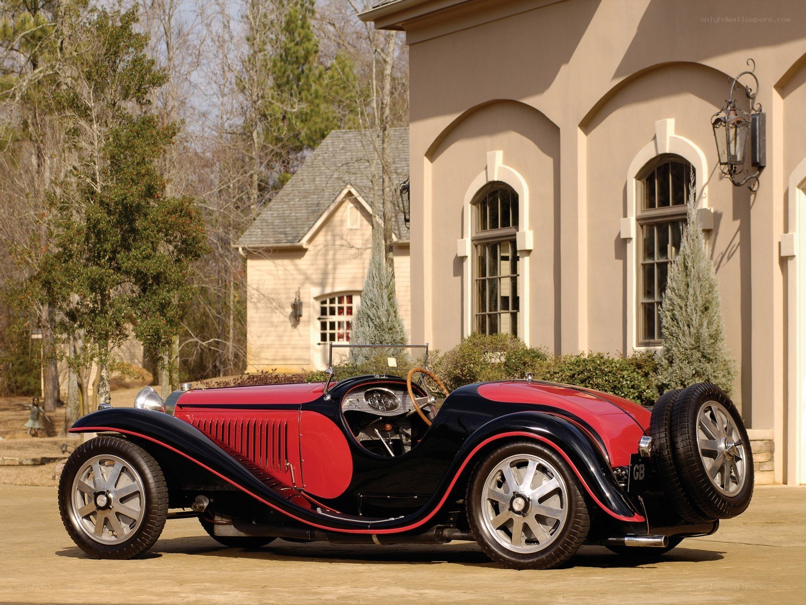 Classic red and black Bugatti car