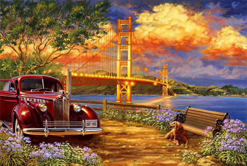Classic Red Car and Dog