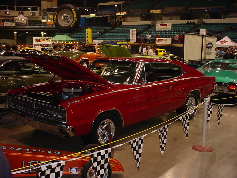 Classic red muscle car on display