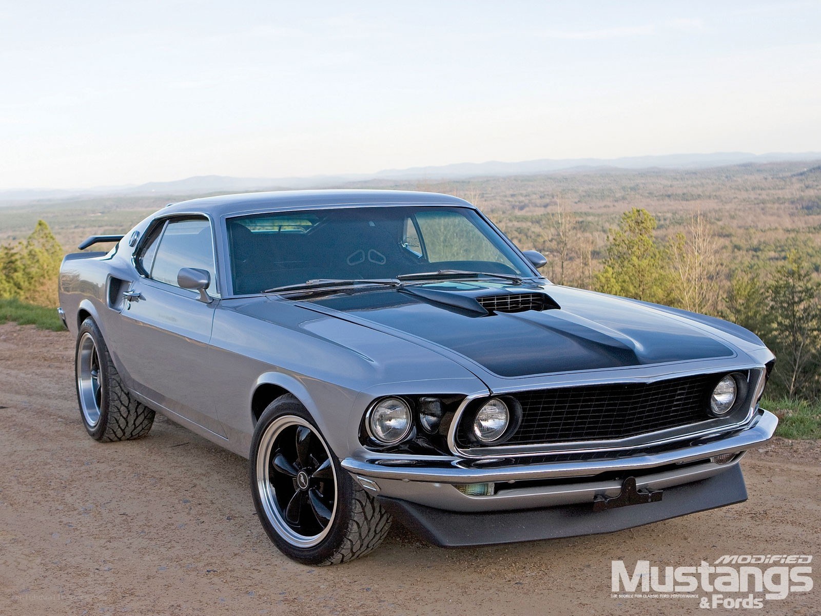 Classic silver Mustang on a hill