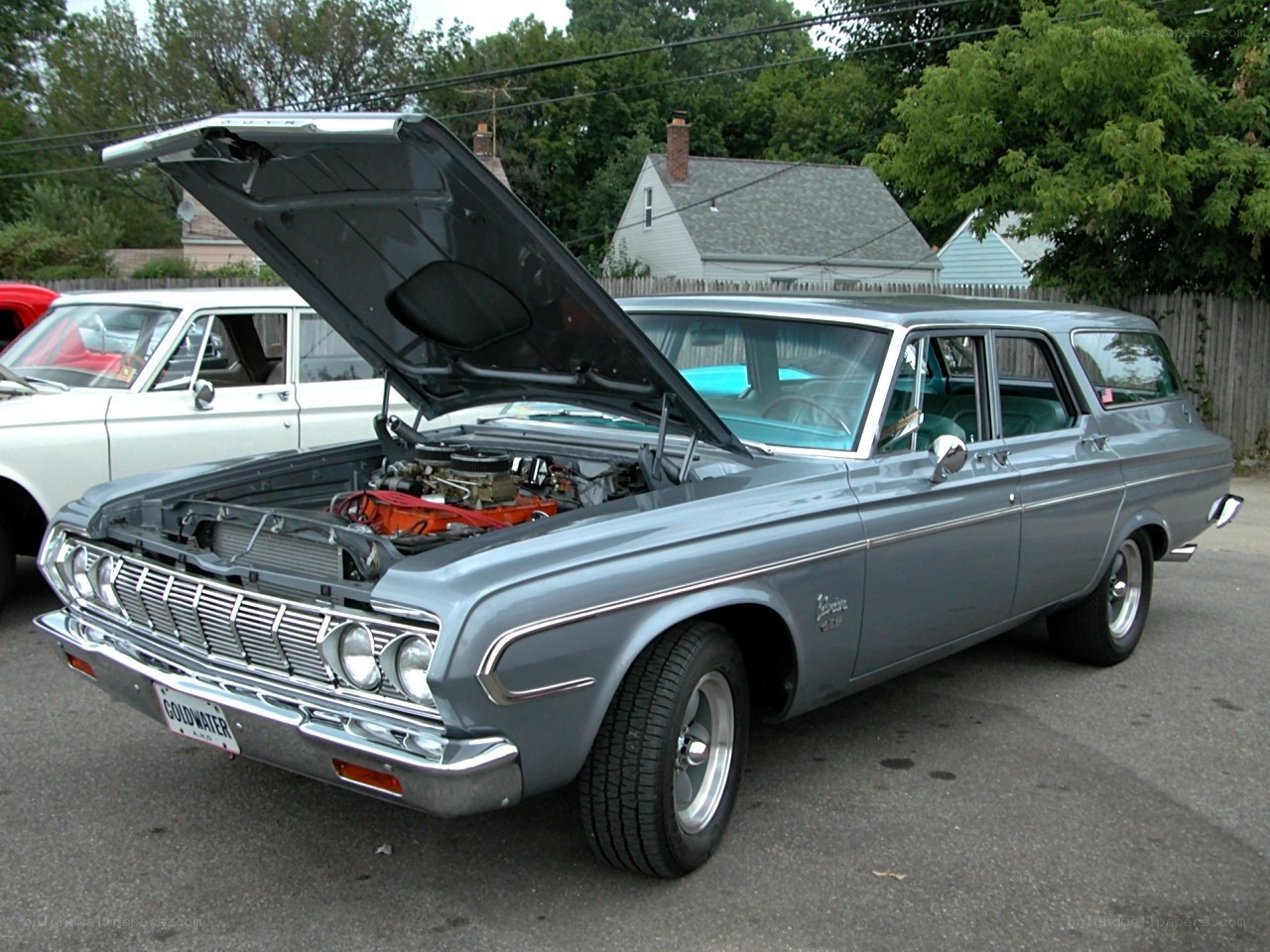 Classic station wagon with open hood