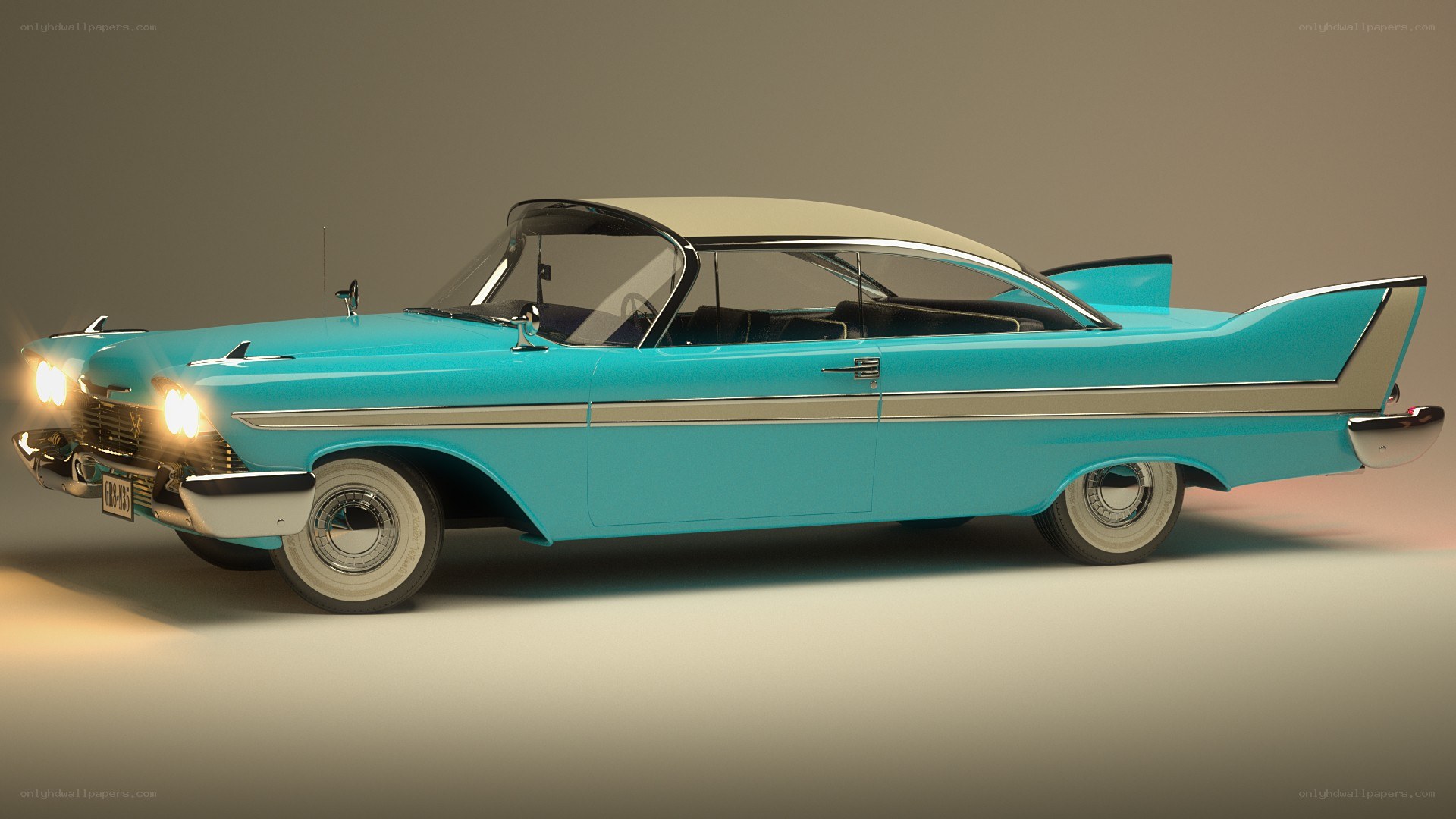 Classic turquoise car with fins