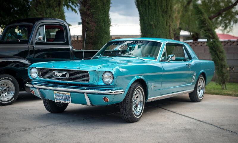 Classic turquoise Ford Mustang