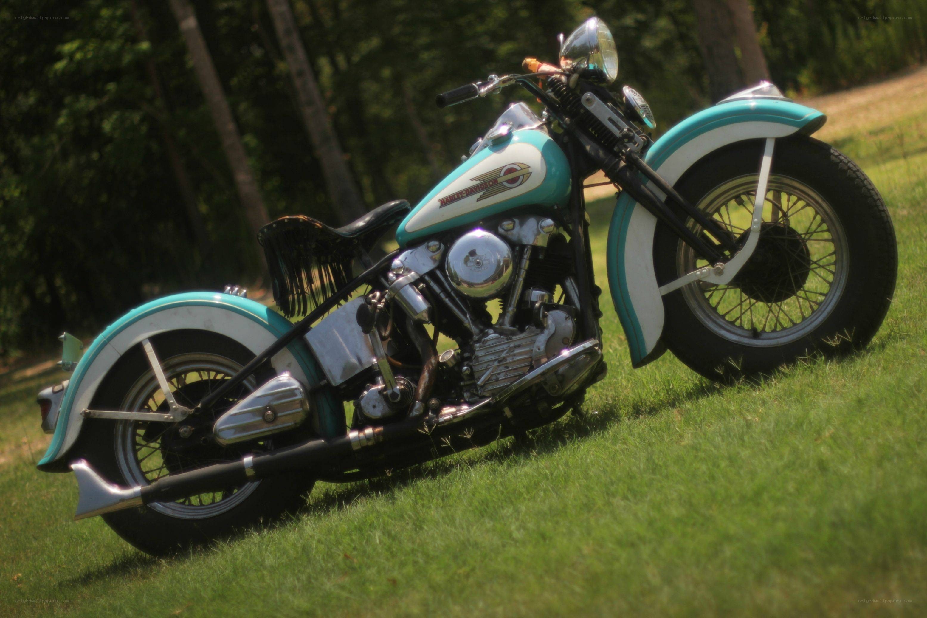 Classic turquoise motorcycle on grass
