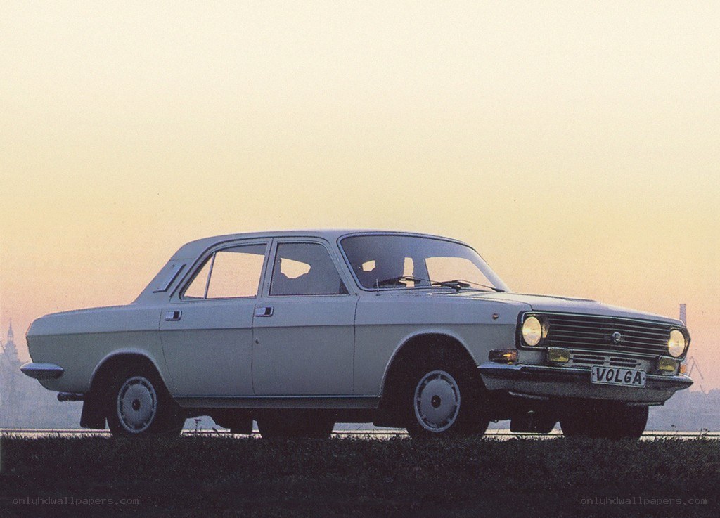 Classic Volga sedan at sunset