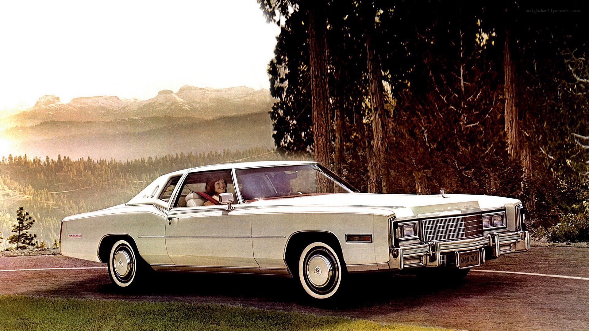 Classic white car on mountain road