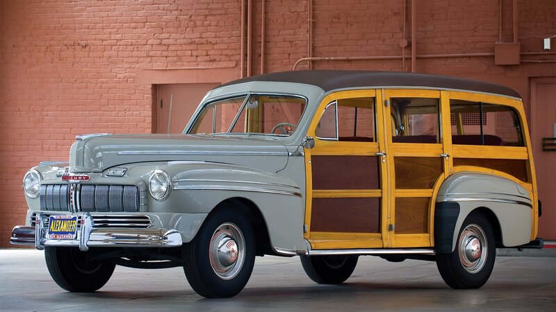 Classic Woodie Station Wagon — Gray, Calm, Photograph, Brick Wall
