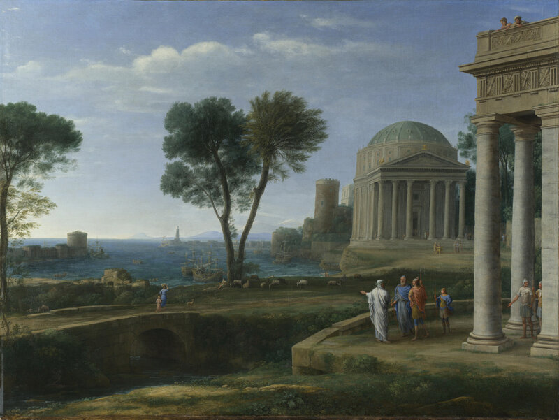 Classical coastal landscape with temple