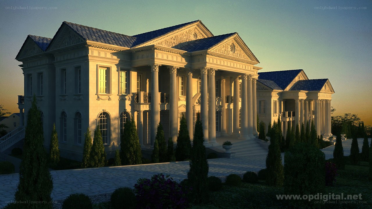 classical mansion at sunset