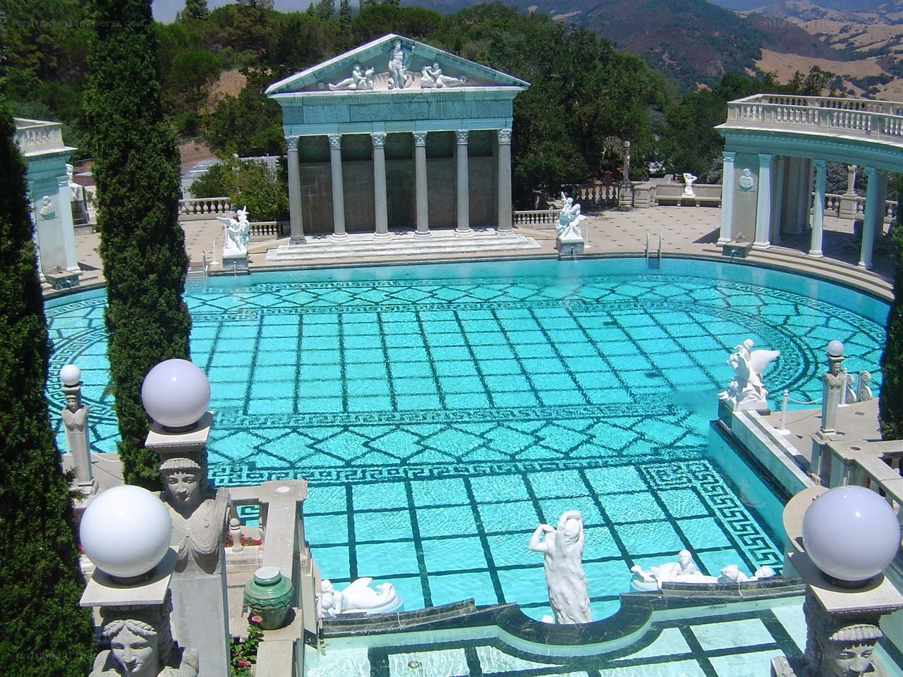 classical pool with temple structure