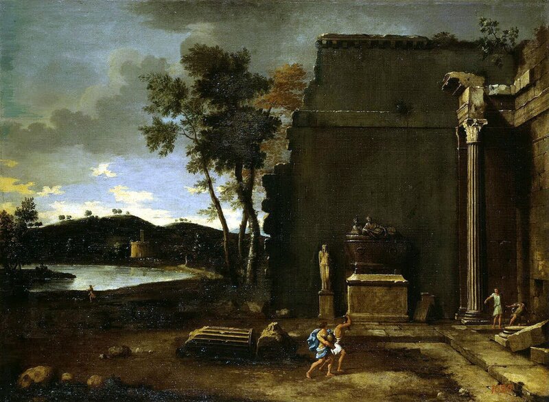 Classical ruins by a lake