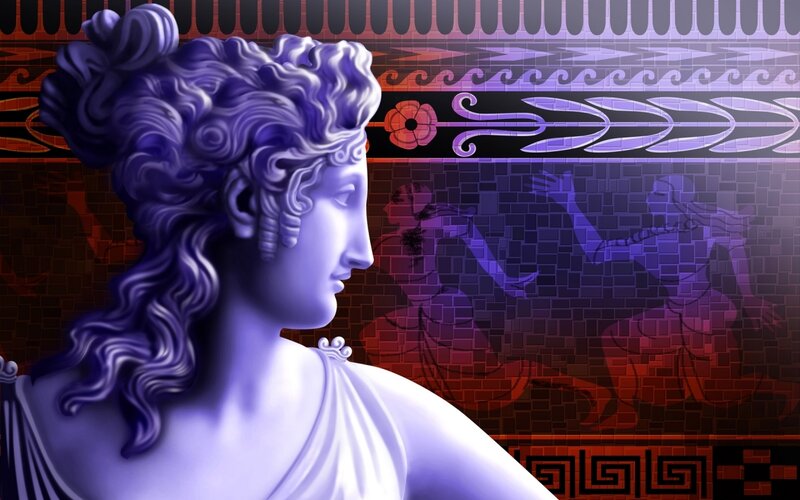 Classical statue with mosaic background