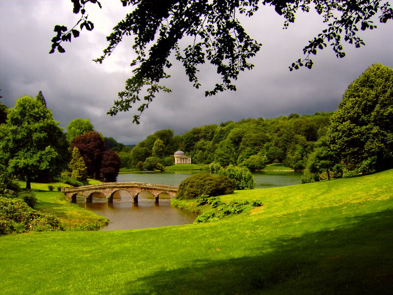 Classical Temple by Lake — Green, Dramatic