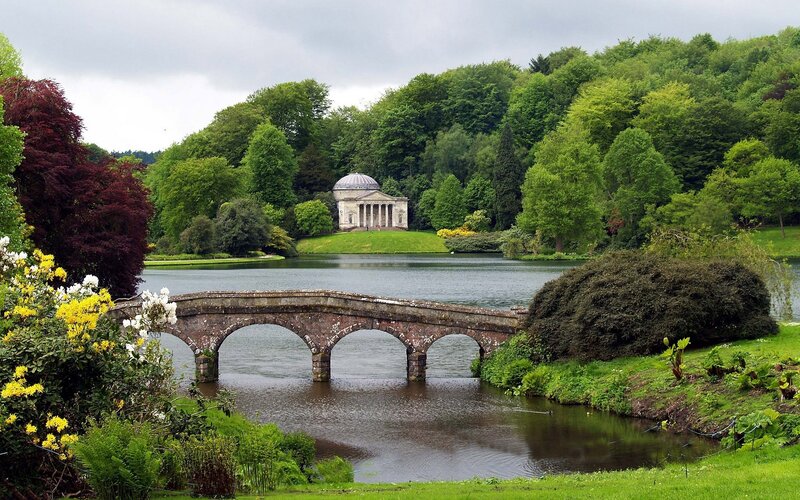 Classical Temple by Lake — Green, Serene, Afternoon, Photograph, Bridge, Trees, Blue, Brown