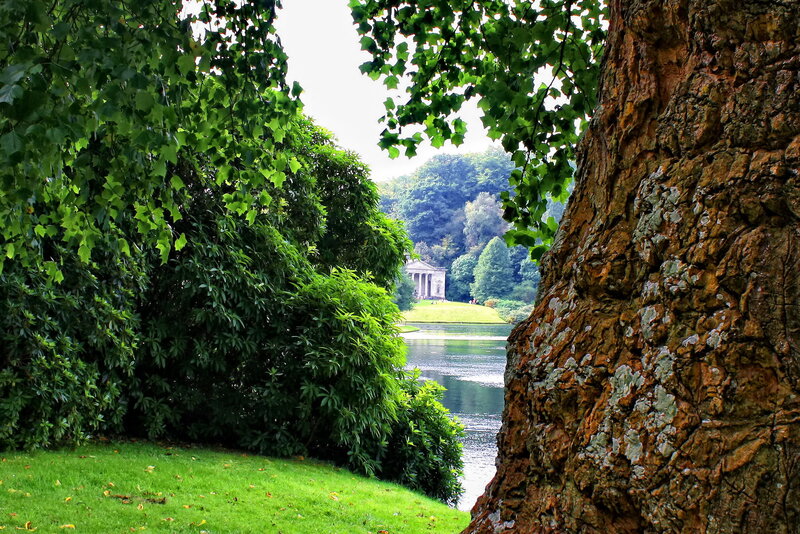 Classical Temple by Lake — Green, Serene, Afternoon