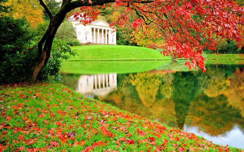 Classical Temple by Lake — Green, Serene