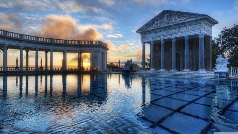 Classical Temple by Water — Blue, Serene