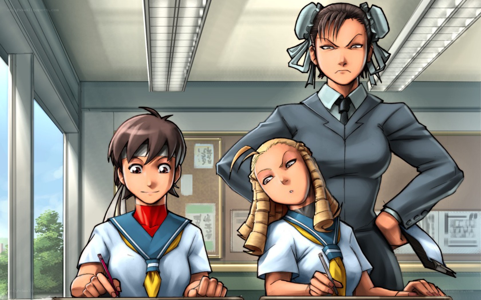Classroom scene with three characters