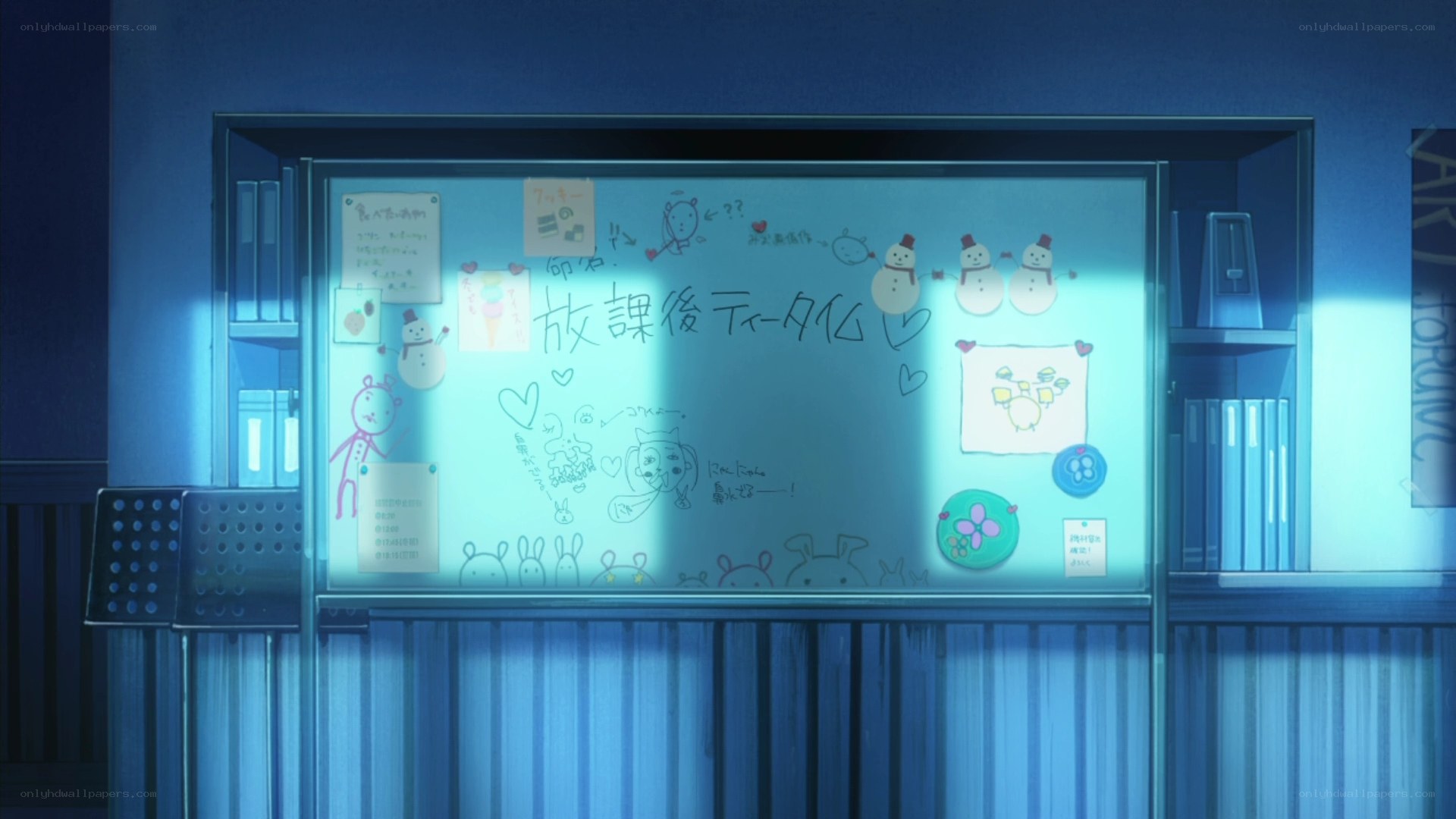 classroom whiteboard with drawings
