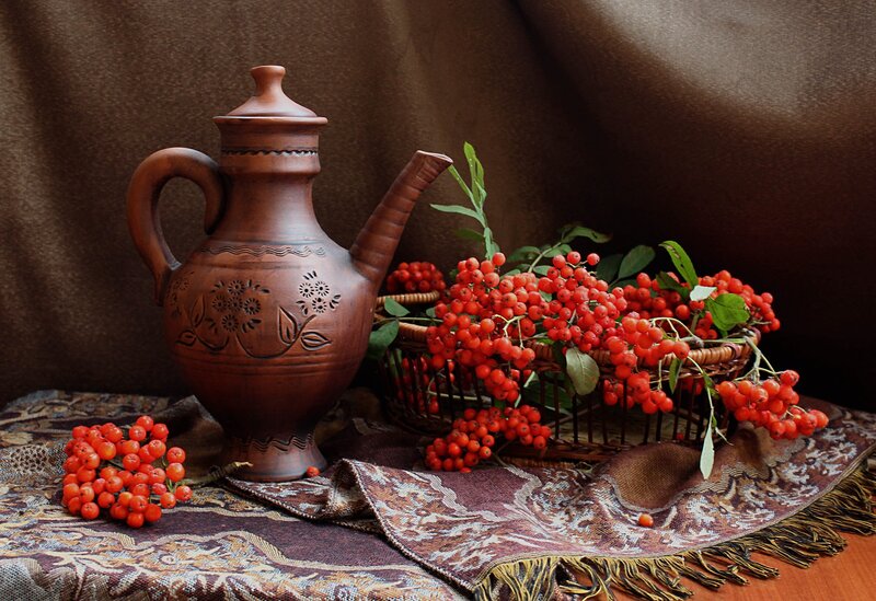 Clay Pitcher with Berries