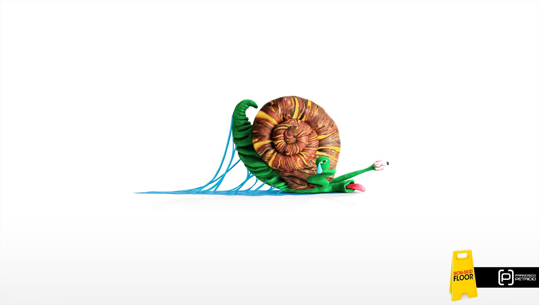 clay snail with warning sign