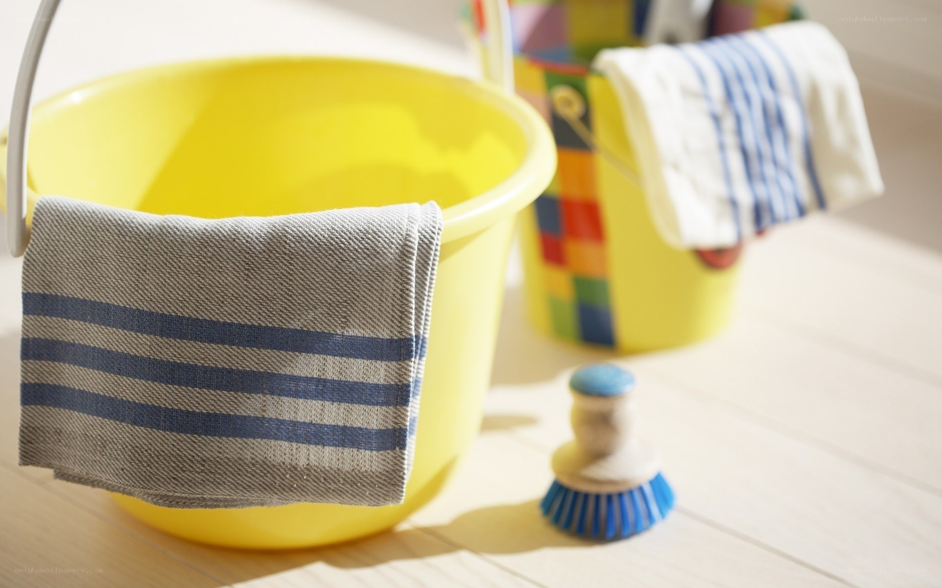 Cleaning supplies on floor