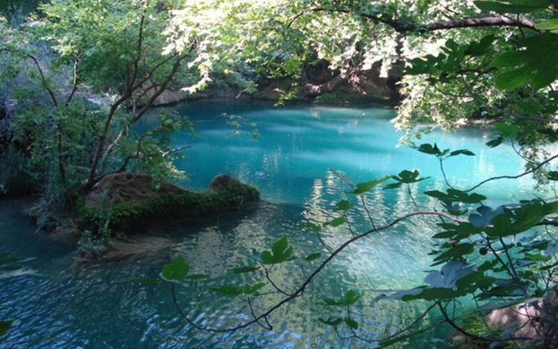 Clear Blue Pool in Forest — Serene, Afternoon, Photograph, Trees, Rocks, Water