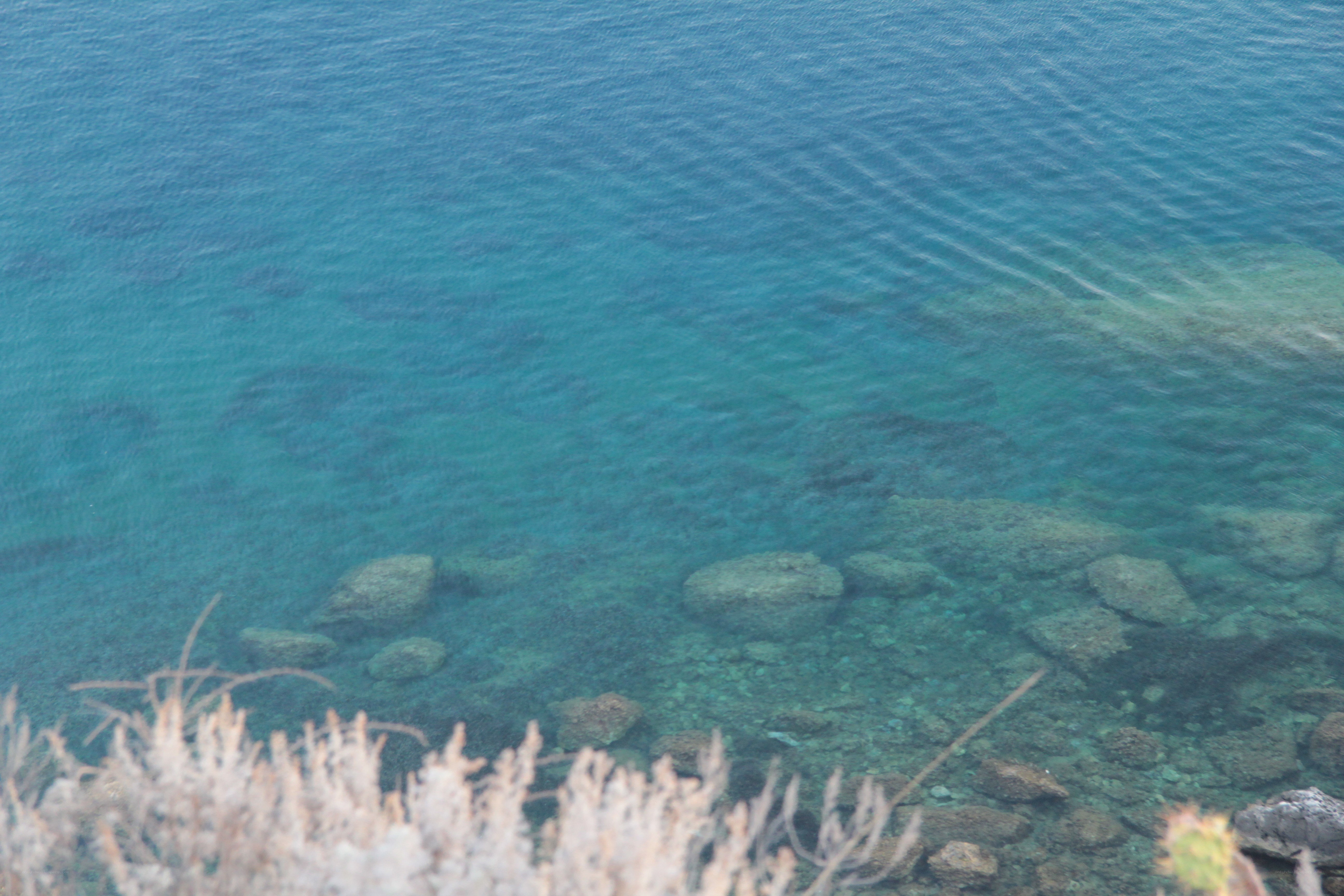 clear blue water with rocks