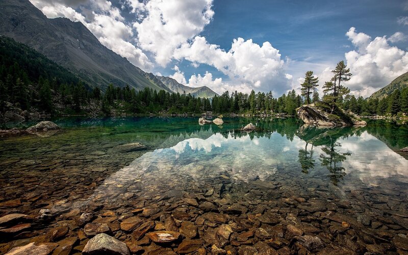 Clear Lake in Mountains — Blue, Serene, Afternoon, Photograph, Trees