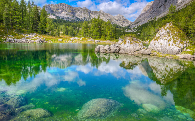 Clear Lake in Mountains — Green, Serene, Afternoon