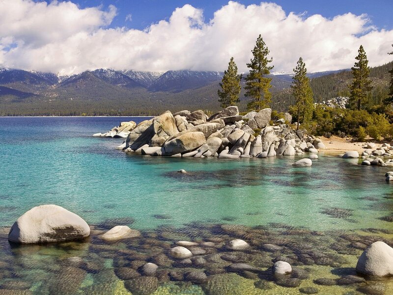 Clear Lake Water — Blue, Serene, Afternoon, Photograph, Rocks, Trees
