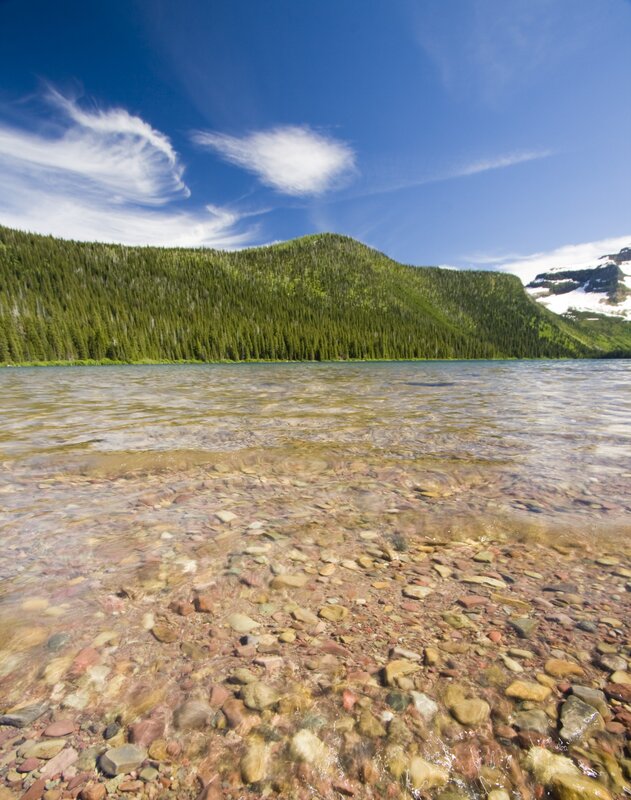 Clear lake with forested hills