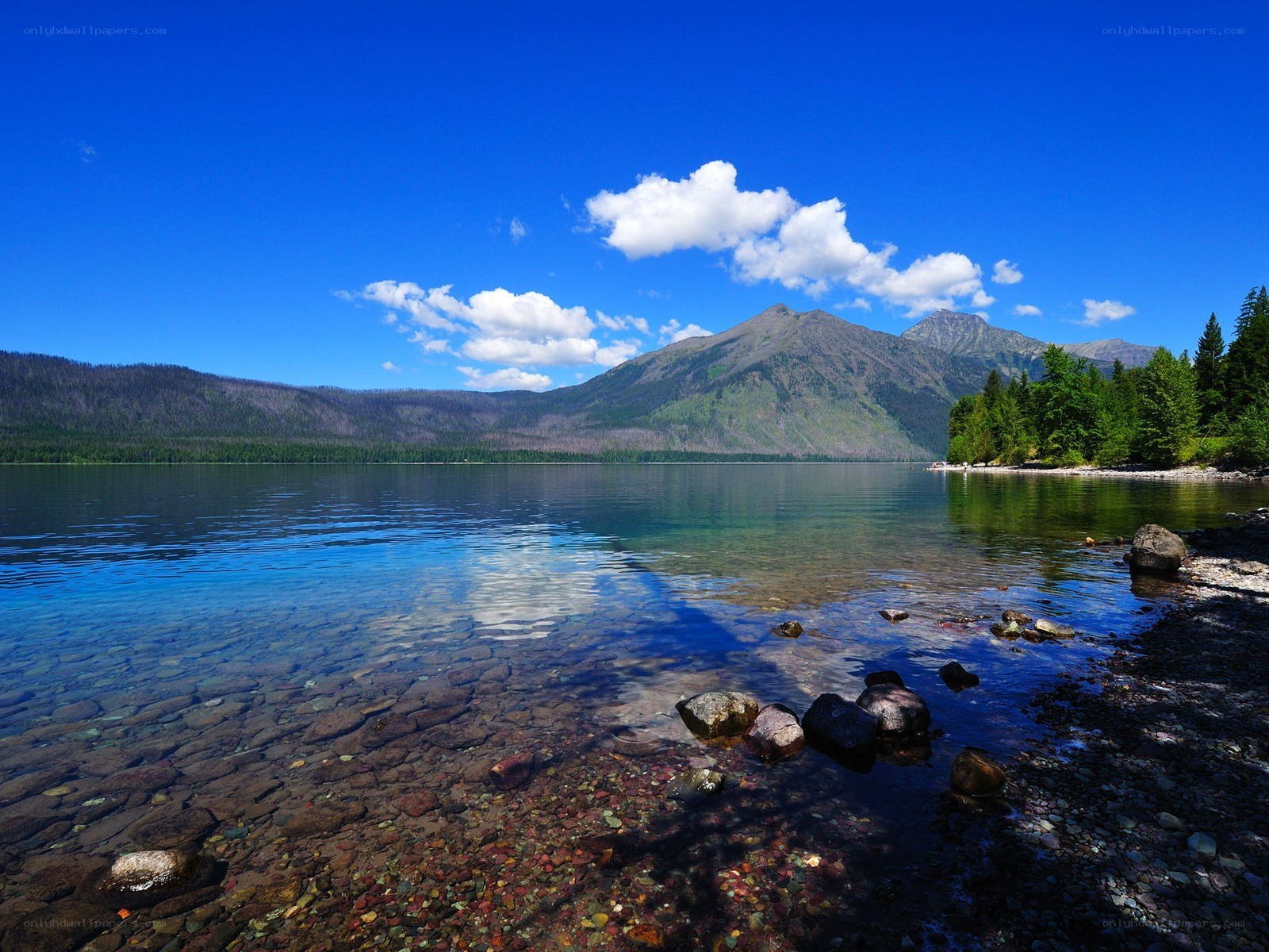 Clear lake with mountain view