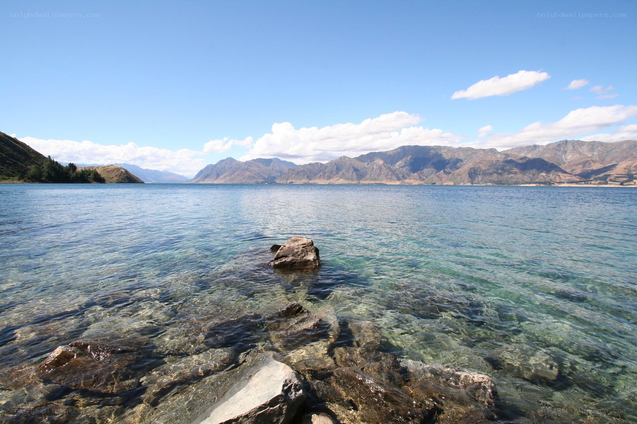 Clear lake with mountains