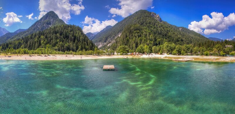 Clear Lake with Mountains — Blue, Serene, Afternoon, Photograph, Beach