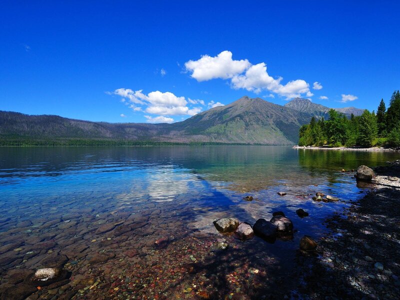 Clear Lake with Mountains — Blue, Serene, Afternoon, Photograph, Trees, Rocks, Green, Brown