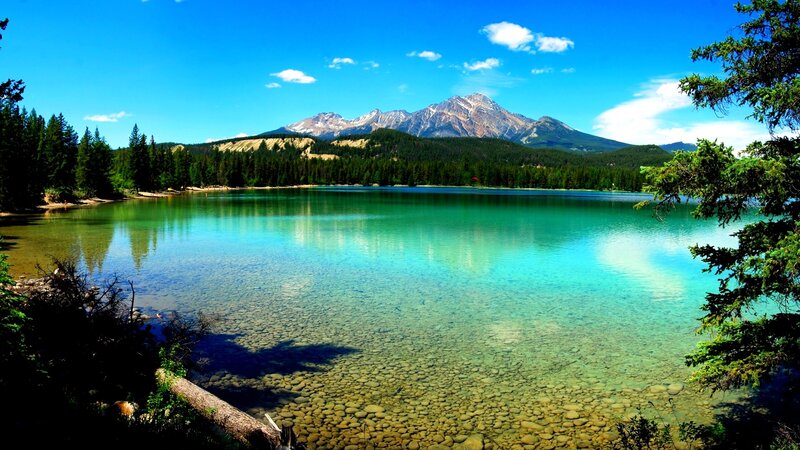 Clear Lake with Mountains — Blue, Serene, Afternoon, Photograph, Trees, Sky
