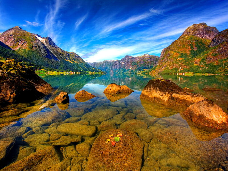 Clear Lake with Mountains — Blue, Serene
