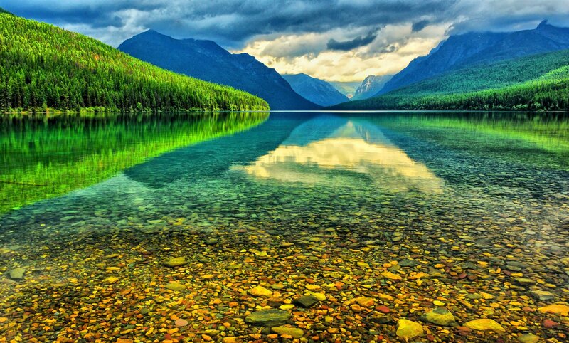 Clear Lake with Mountains — Green, Dramatic