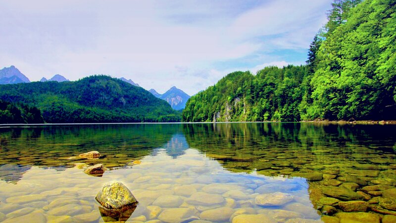 Clear Lake with Mountains — Green, Serene, Afternoon, Photograph, Trees, Rocks