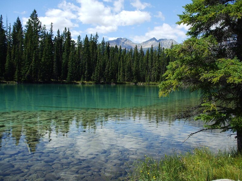 Clear Lake with Mountains — Green, Serene, Afternoon, Photograph, Trees, Sky