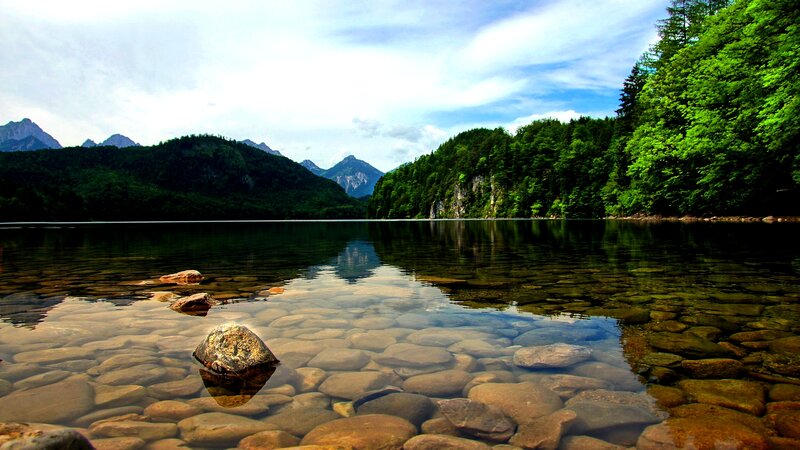 Clear Lake with Mountains — Green, Serene, Afternoon