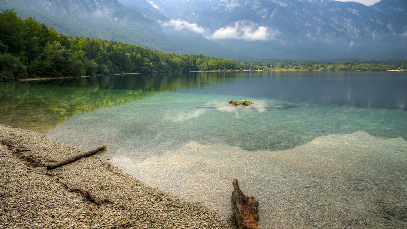 Clear Lake with Mountains — Green, Serene, Morning