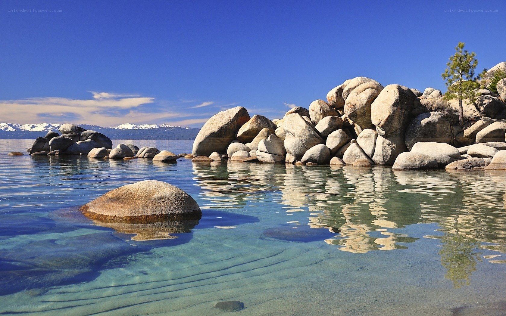 Clear lake with rocks and mountains