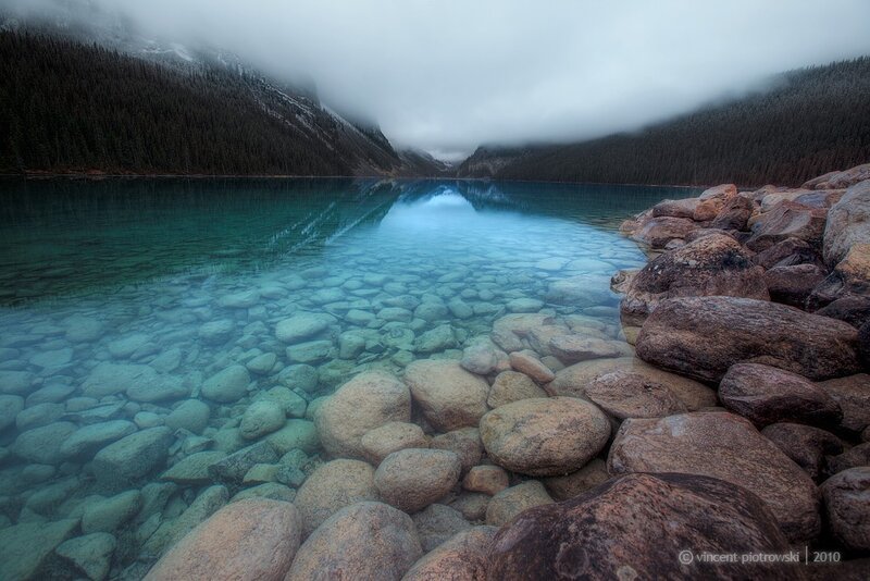 Clear Lake with Rocks — Blue, Serene, Morning, Photograph